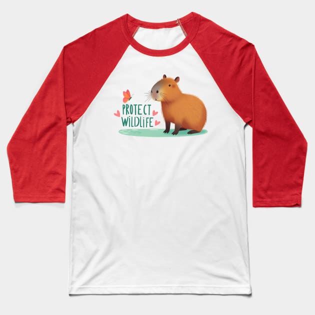 Protect Wildlife - Capybara with butterfly Baseball T-Shirt by PrintSoulDesigns